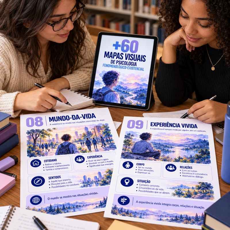 Cena ilustrativa de estudo do Atlas: Estudo em grupo com páginas de Mundo-da-vida e Experiência vivida